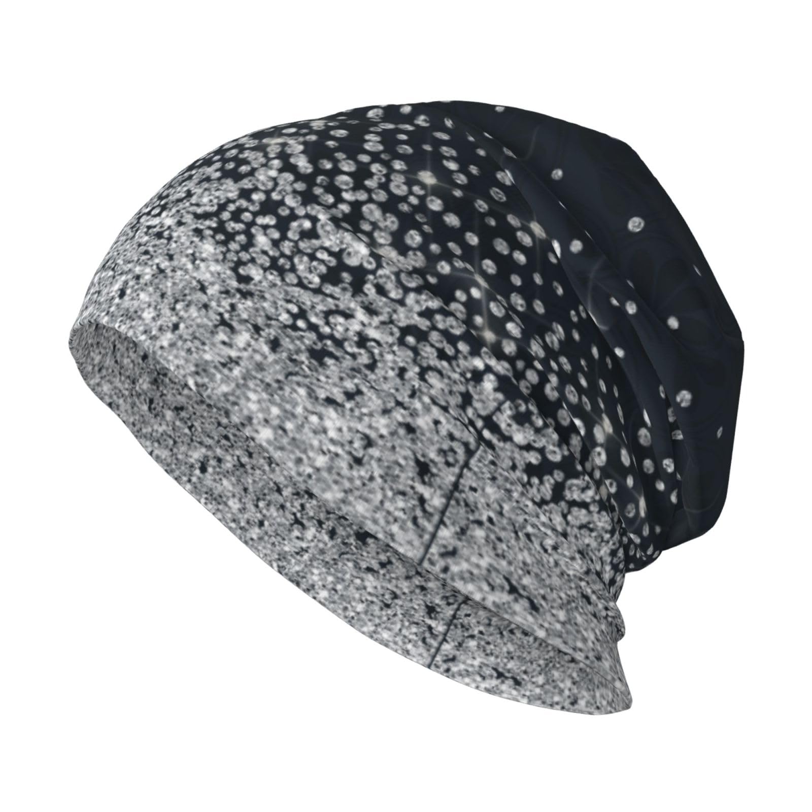 Poadnly Unisex As Picture Black Silver Glitter Diamond Sparkly,Skull Cap Knitted Hat Polyester Balaclava Slouchy Beanie Hat Running Hat
