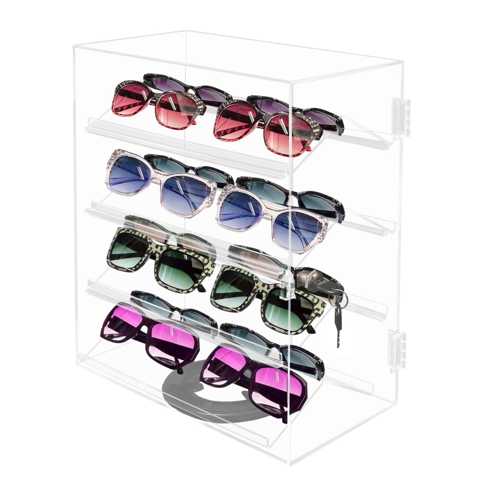 banborba 4 Tier Acrylic Display Case for Collectibles, 360-Degree Rotating Acrylic Eyewear Showcase, Clear Acrylic Display Boxes with Lock, 0.12