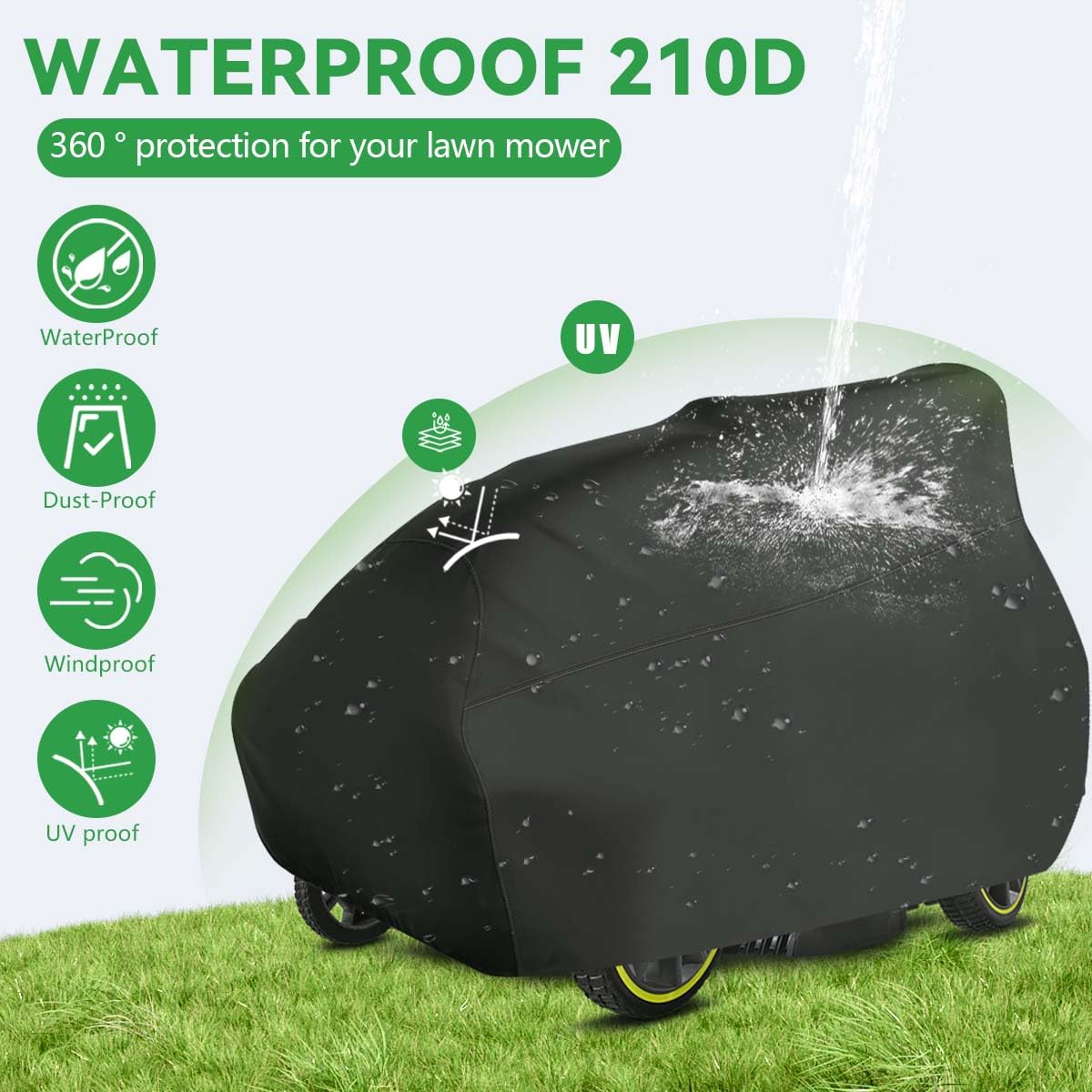OBTANIM Funda impermeable para cortacésped de exterior, poliéster Oxford resistente al polvo, protección contra el polvo, cubierta para tractor de césped de hasta 54 pulgadas, con cordón y bolsa de
