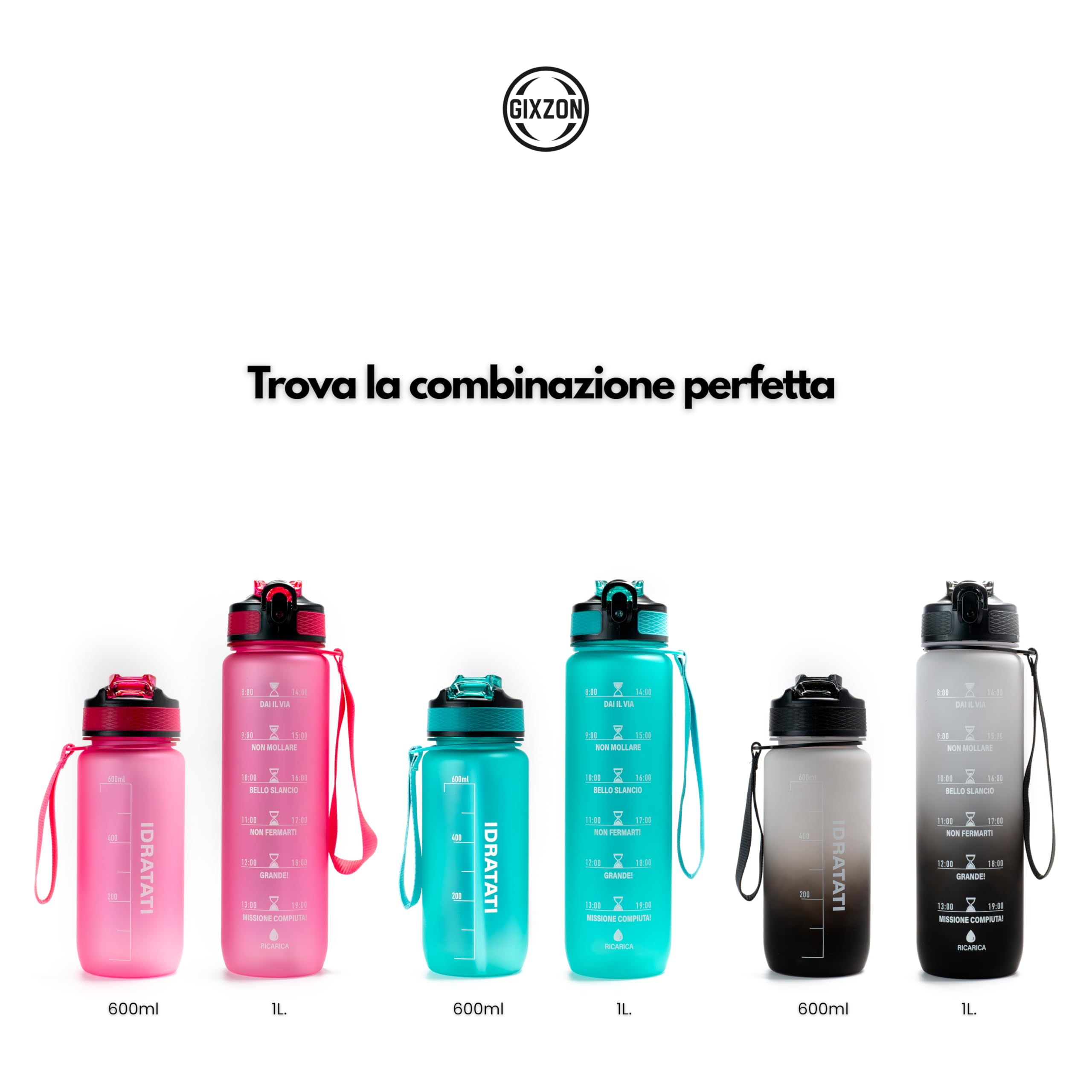Borraccia Motivazionale 1L in Tritan Senza BPA con Frasi e Orari in Italiano, Cannuccia e Tappo di Sicurezza, Perfetta per Sport, Palestra, Yoga e Scuola