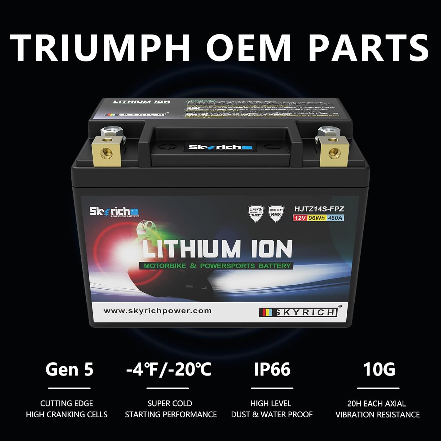 Skyrich HJTZ14S-FPZ Lithium Motorcycle LiFePO4 Battery,12V 8Ah 480A,TRIUMPH Tiger 1200, Speed Triple 1200,T2507730, T2508811,Genuine OEM Part,Adventure Roadsters,Powersports