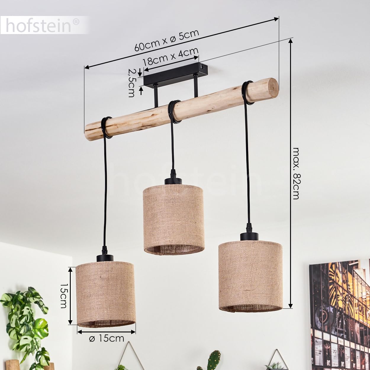 HOFSTEIN Lampada da soffitto Soungou moderna lampada da soffitto in legno/metallo/lino naturale/nero/beige, plafoniera a 3 luci, design scandinavo, 3 lampadine E27, altezza max. 82 cm, senza lampadina