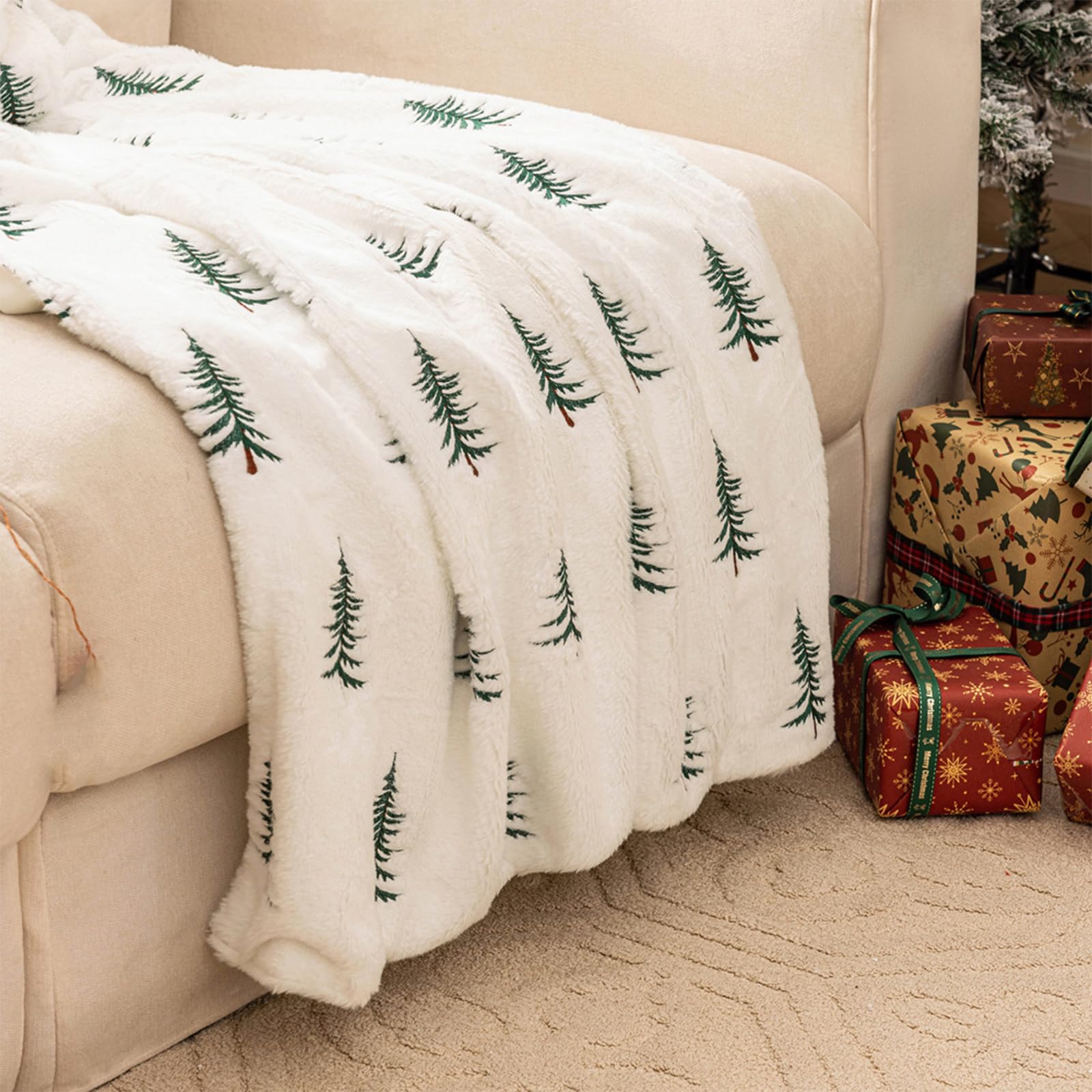 Manta navideña bordada con patrón de pino para decoración de sofá, cama, manta de felpa de felpa de Navidad