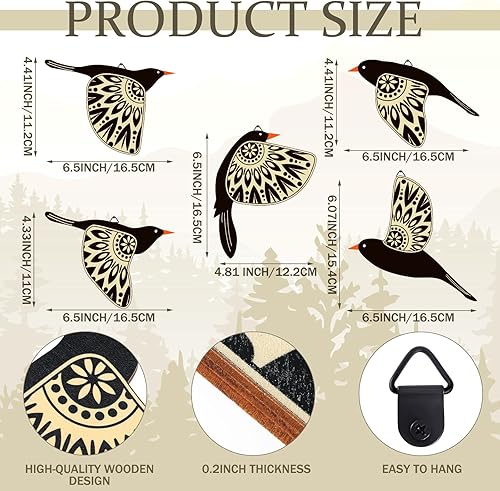 Miniatura 2 de Barydat 5 piezas de arte de pared de madera con pájaros voladores, decoración de pared de pájaros voladores, arte popular rústico, decoración del
