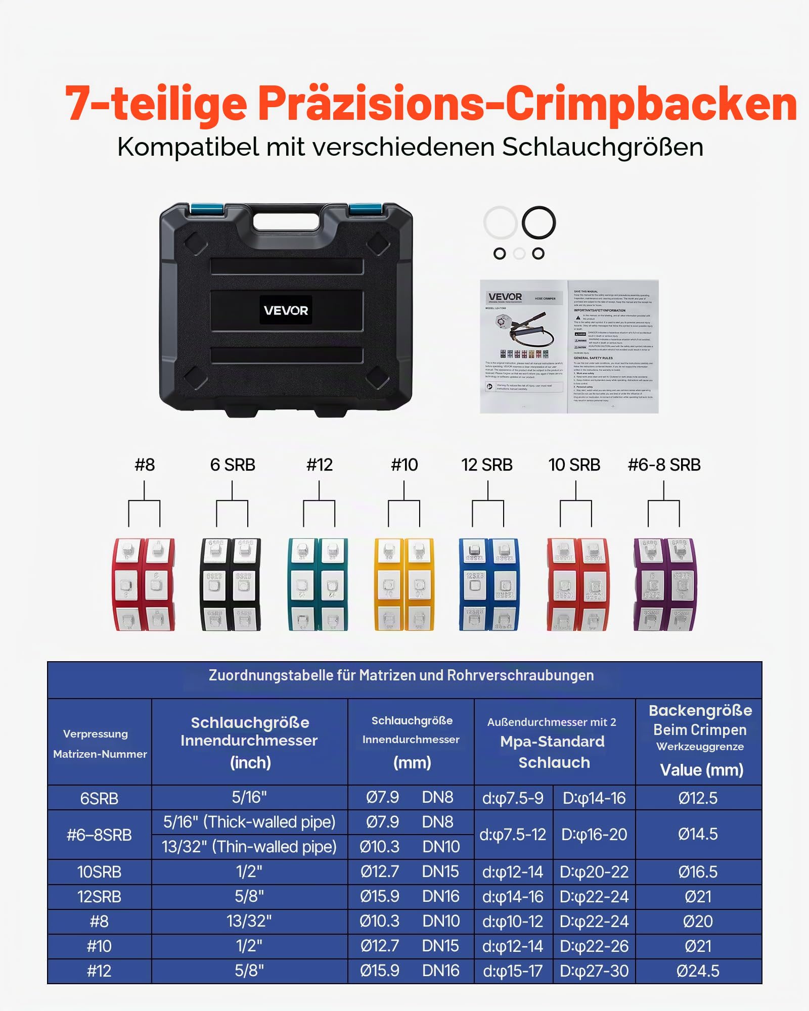 VEVOR Hydraulikschlauch-Crimpzange, Hydraulikschlauchpresse mit 7 Snap-On-Einsätzen & Tragekoffer, für Klimaanlagenschläuche zur Reparatur von Fahrzeugen & Klimaanlagen (mit Handpumpe)