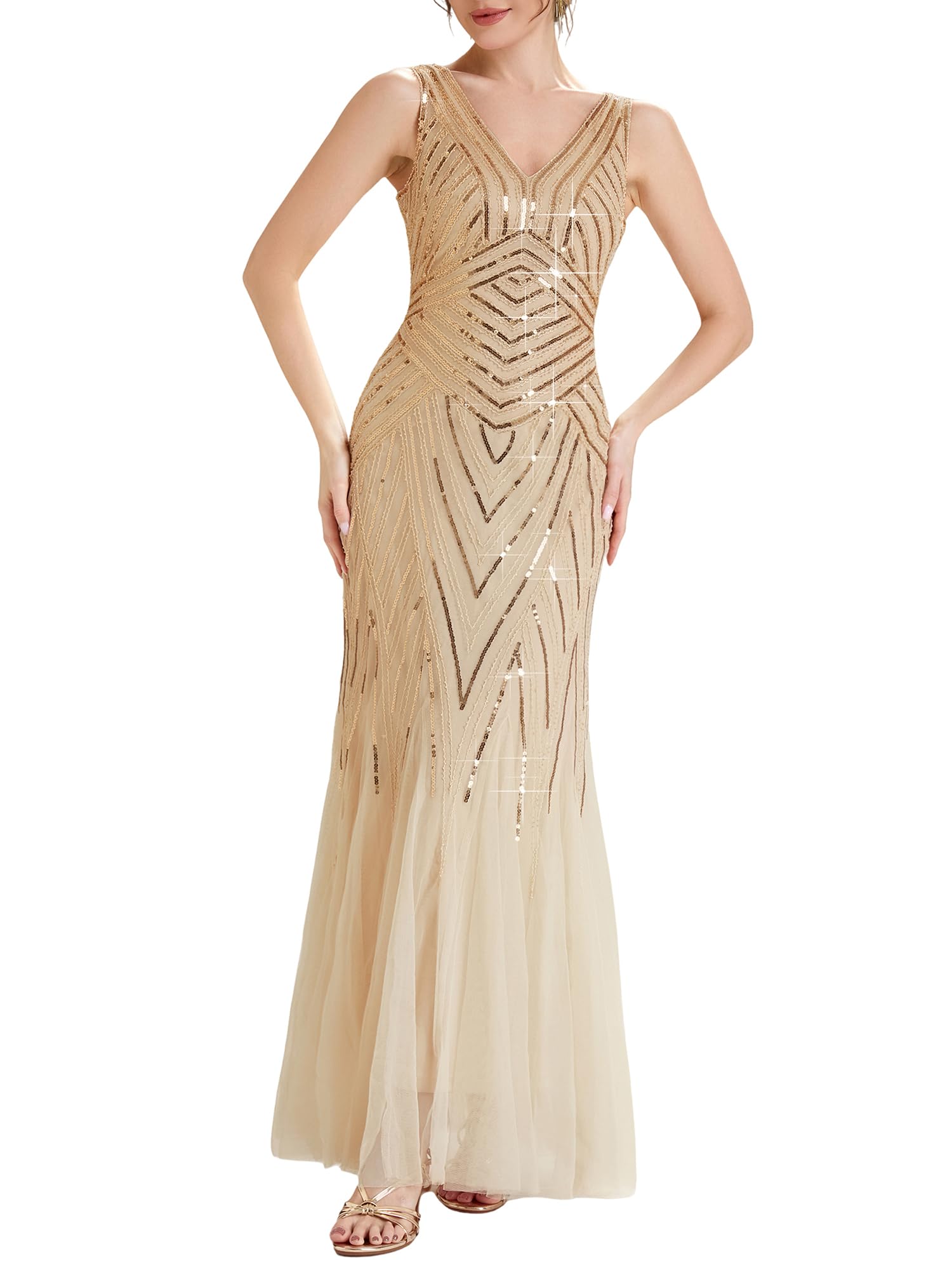 Ever-Pretty Abito Cerimonia Donna Collo a V Senzamaniche Paillente Maxi Gonna a Sirena EE02679