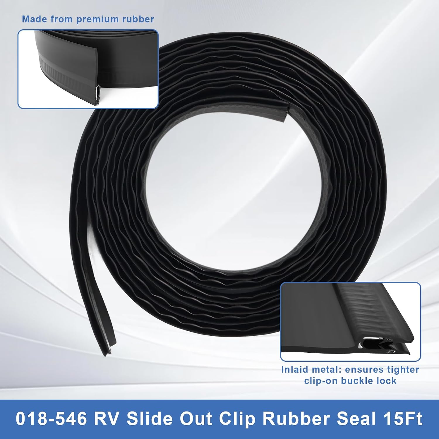 Wadoy RV Slide Out Seal 018-546 Camper RV Slide Out Clip Rubber Seal with 2 Wiper, 15Ft Weather Stripping for Window Door Channel Mounts Seam Protecting
