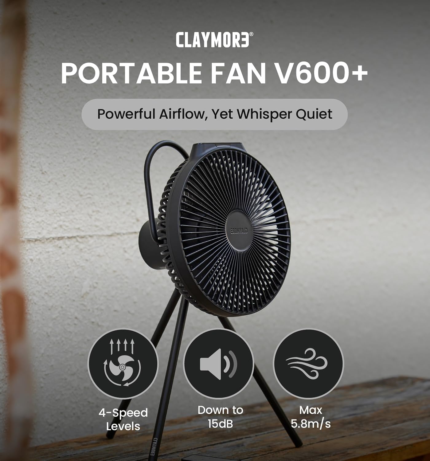 Claymore V600+ Black Rechargeable Portable Fan – 7,800mAh Battery, 4-Speed BLDC Ultra-Quiet Air Circulator USB-C Charging 32 Hrs Runtime Tripod Mountable Adjustable for Camping, Indoor, Outdoor - Image 2