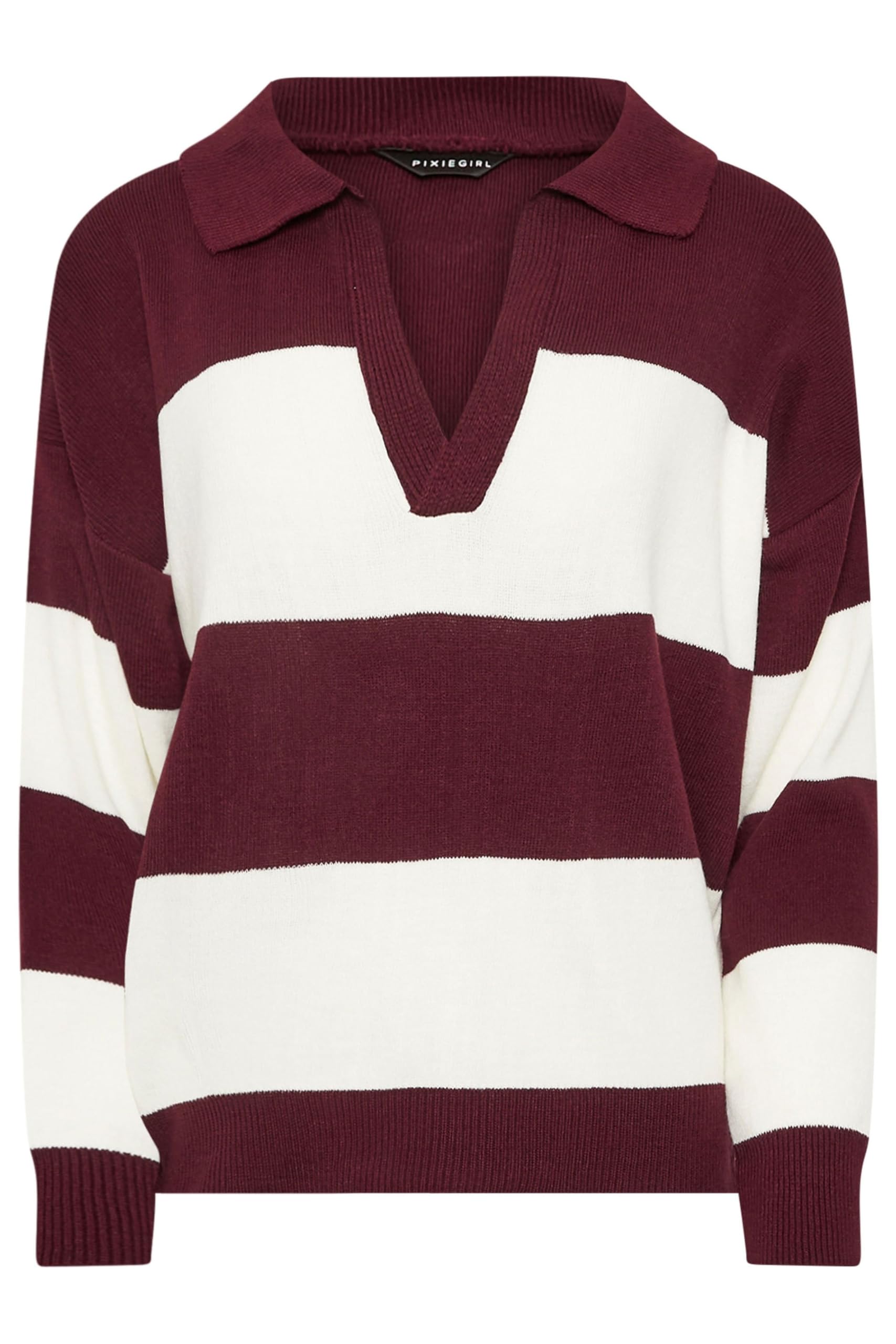 PixieGirl Burgundy Red Stripe Collared Knitted Jumper Petite