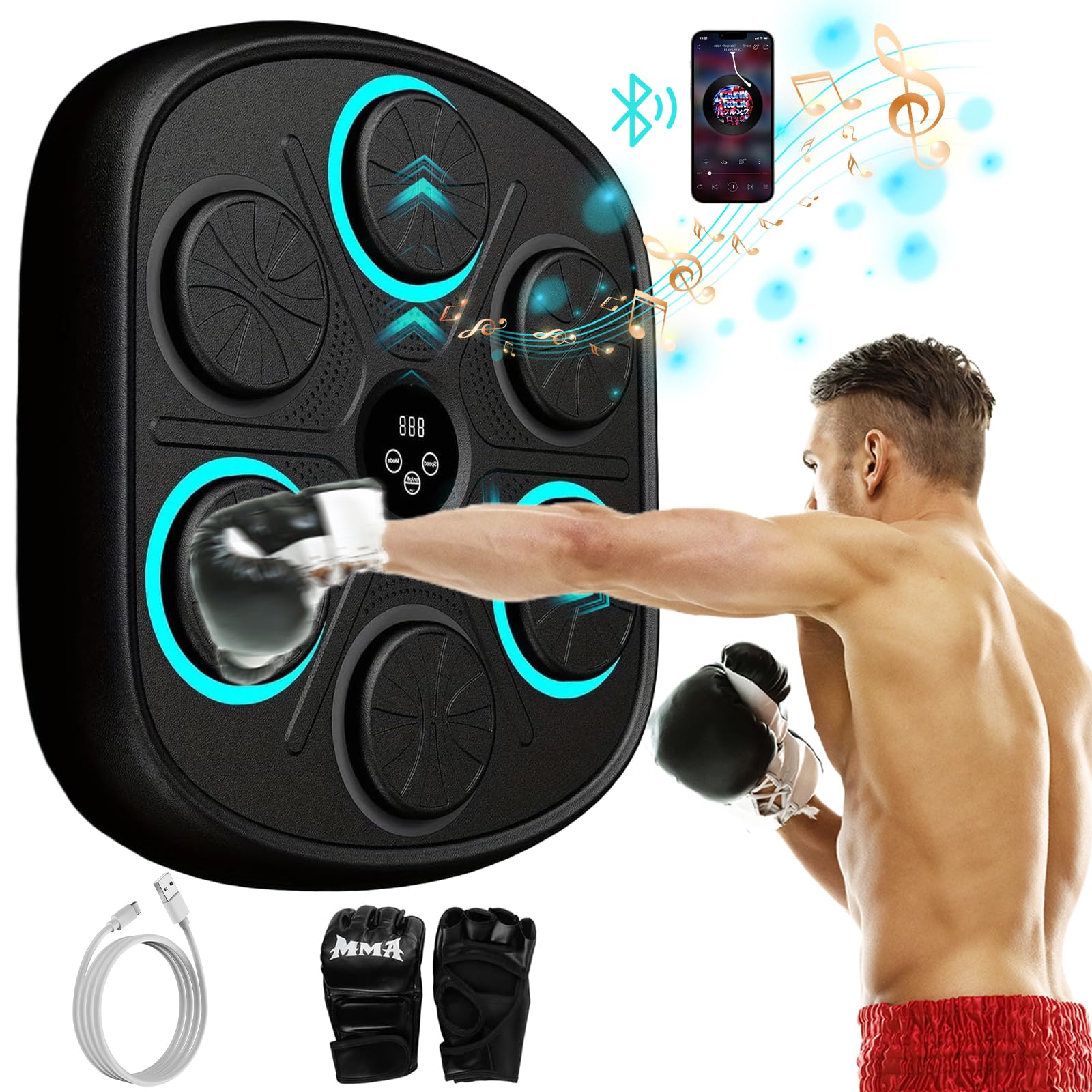 Maquina de Boxeo Musical, Boxeo Pared Musical, 9 Modos Music Boxing Machine Adultos con Guantes De Boxeo, Boxeador de Pared Musical con Bluetooth Ideal para el Hogar, la Oficina