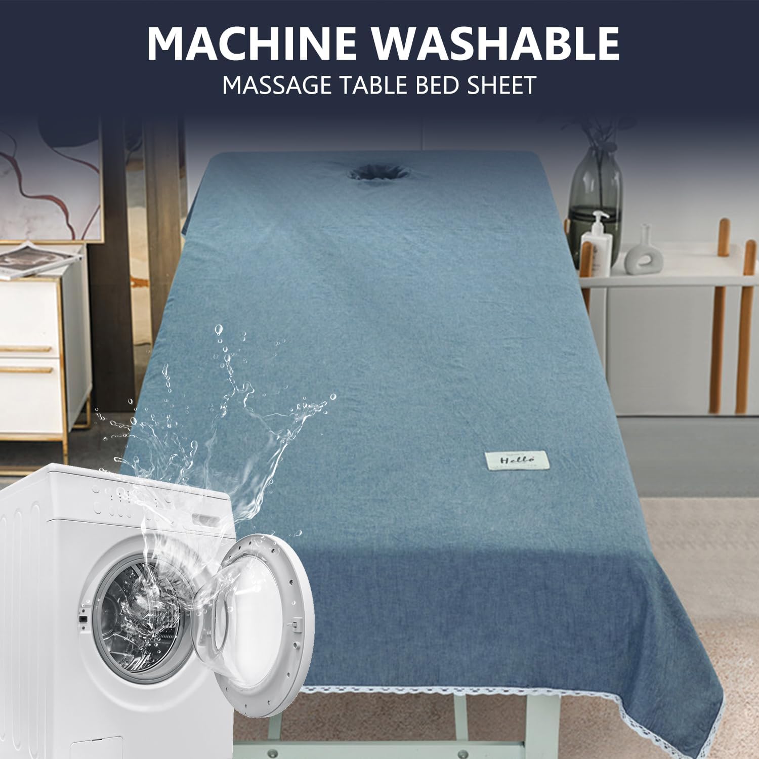 ,Bluea(n),120 * 220cm,LDLCYCN 100% Cotton Spa Massage Table Bed Sheet Spa Bed Cover with/Without Face Hole Reusable Lash Bed Cover with Lace Design Soft Comfort for Salon Spa Therapists Washable