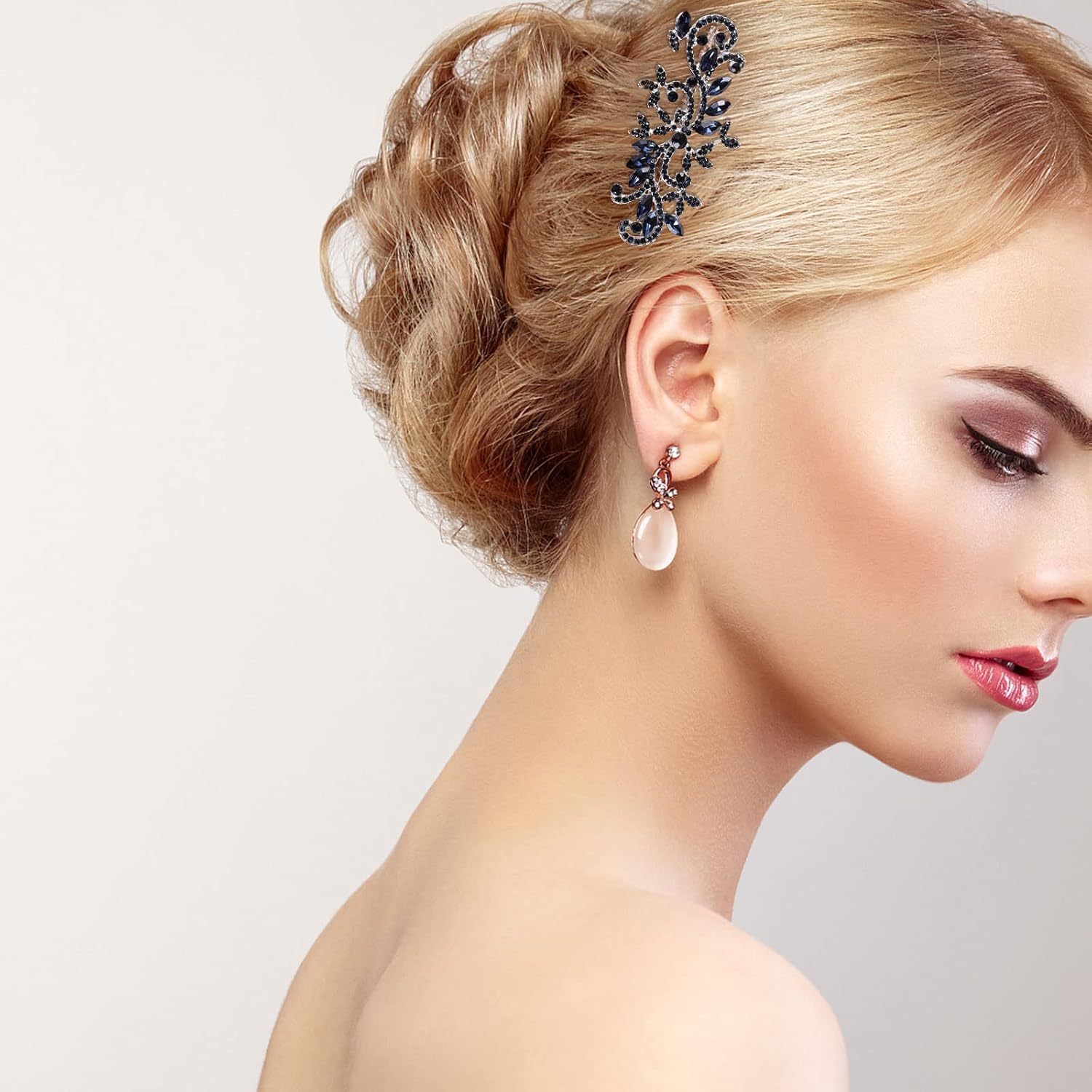 Lurrose 2pcs Decorative Hair Combs: Navy Blue Rhinestone Side Hair Comb - Crystal Flower Clips For Women