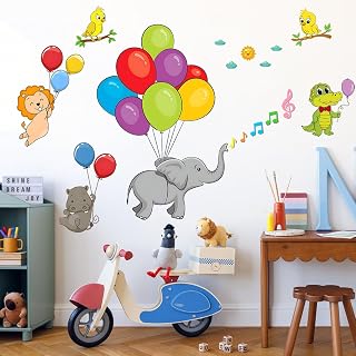 Forest Animals Balloon Wall Decals Colorful Kids Wall Stickers, Lovely Elephant Hippo Lion Crocodile Wall Stickers Sun Clouds Art Decals for Nursery Classroom Playroom Cute Room Decor