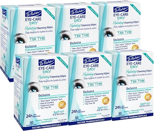 Dr. Fischer Tea Tree Eyelid Wipes - Gentle Eye Wipes for Everyday Dry Eye Relief - Hypoallergenic Makeup Remover (6 packs of 30 wipes each).