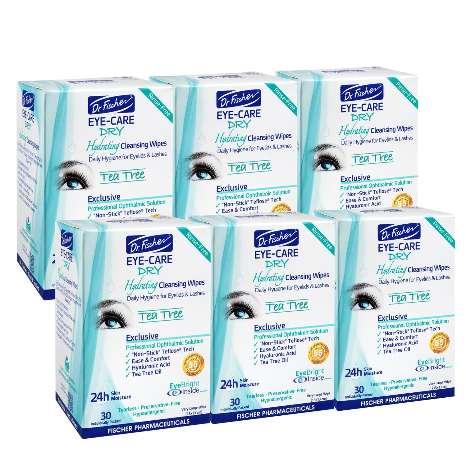 Dr. Fischer Tea Tree Eyelid Wipes - Gentle Eye Wipes for Everyday Dry Eye Relief - Hypoallergenic Makeup Remover (6 packs of 30 wipes each).