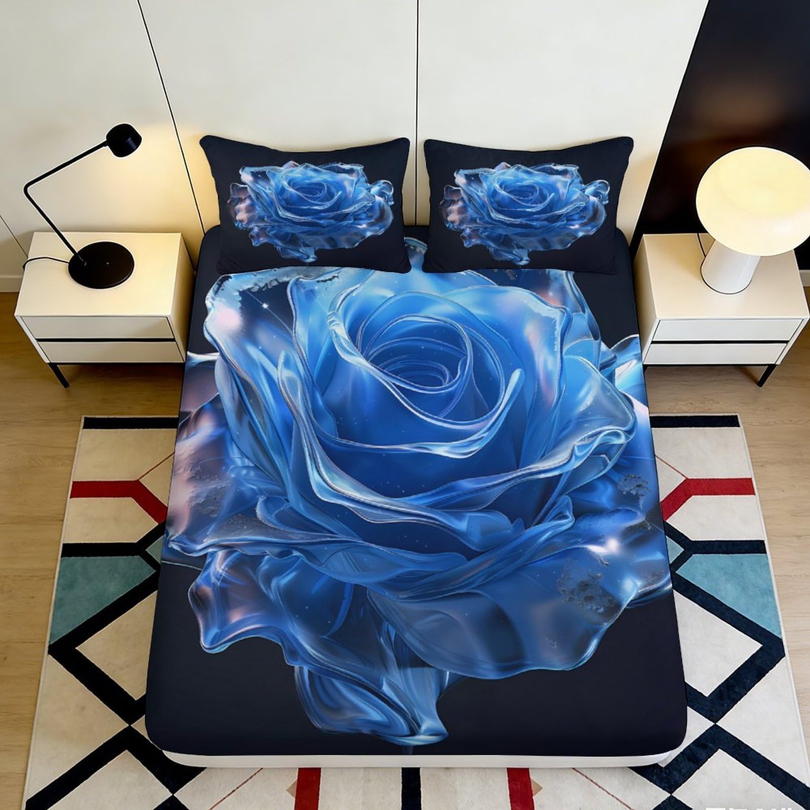 3D Printed Blue Rose Fitted Sheet Microfiber Soft Breathable Crystal Flower Bed Sheet for Bedroom Dormitory Guest Room Mattress Protection Decor 160x200x25cm
