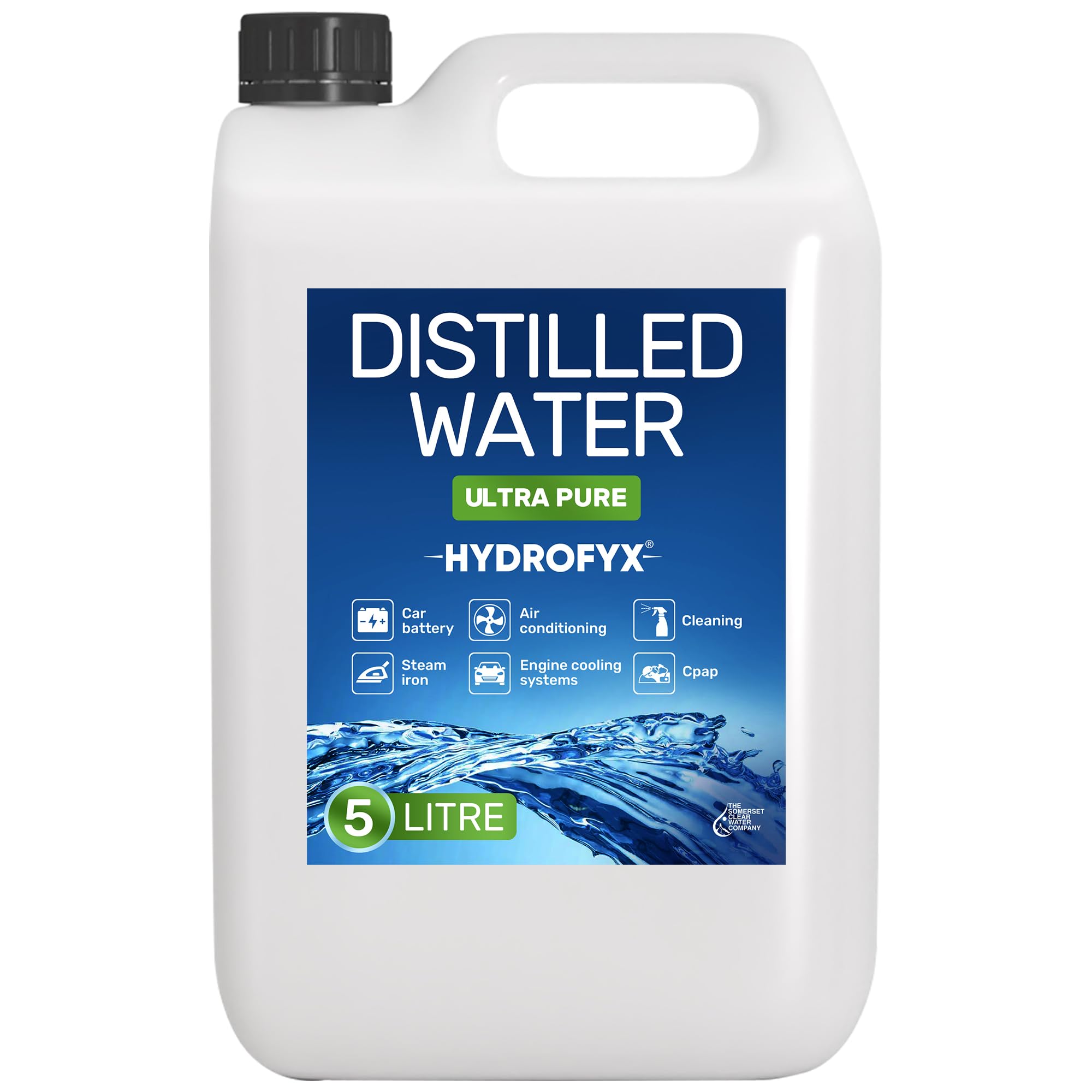 HYDROFYX 5L Distilled Water – 0ppm Ultra-Pure, Lab Certified – Made in UK – Ideal for CPAP, Automotive, Cleaning, Steam Irons & More