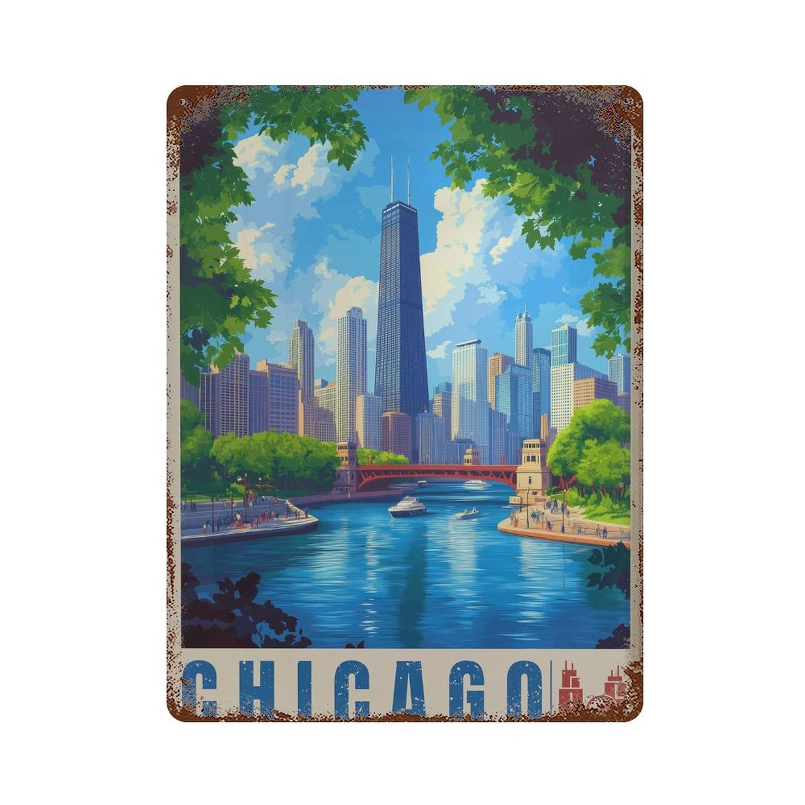 xiaoxiaoshen Chicago Travel Illinois Cityscape (2) Wall Decor Art Metal Tin Poster Modern Home Decor Art Home Bar Shop Decorations Vintage Sign 40x30cm