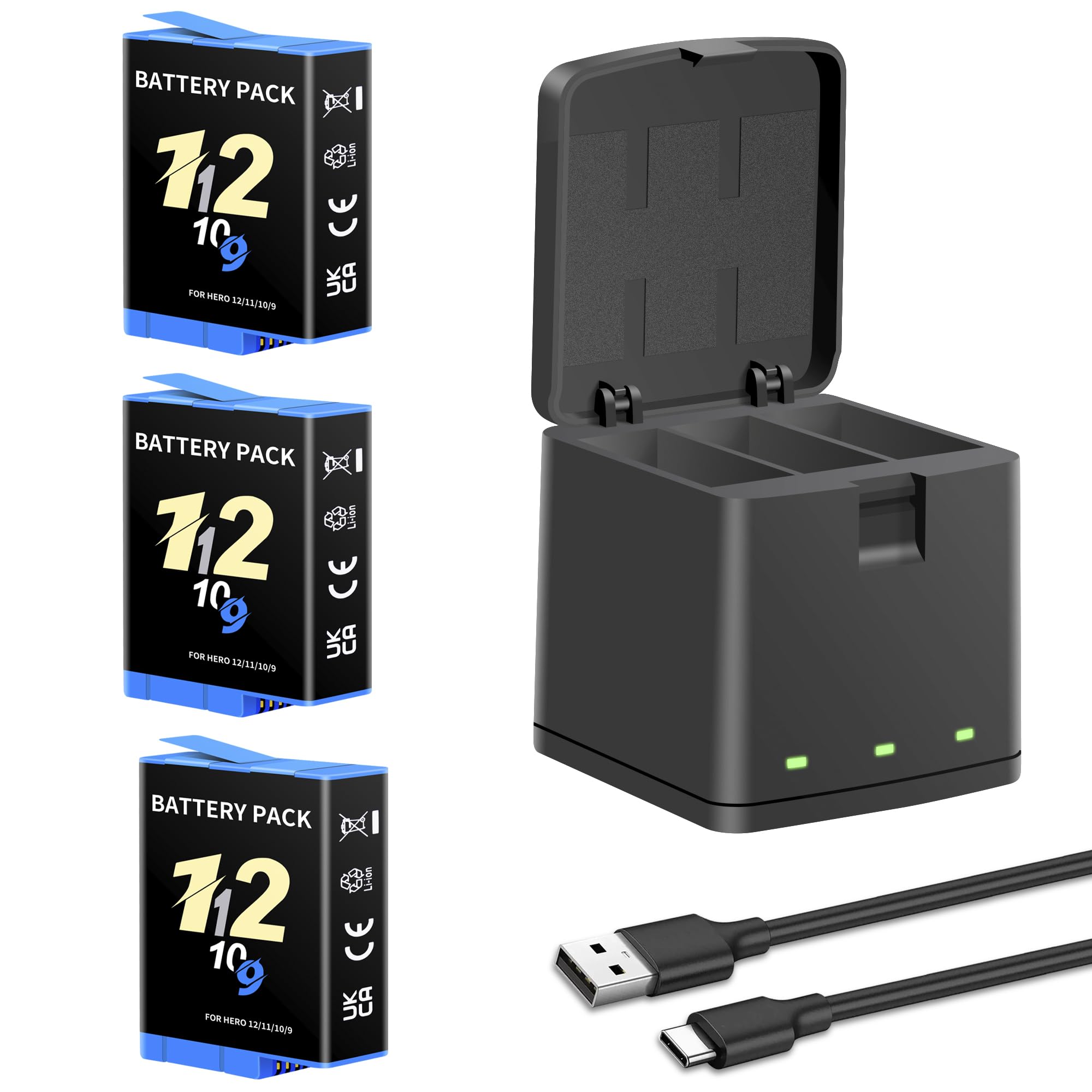 Kits de chargeur de batterie pour GoPro Hero 12 11 10 9 noir, lot de 3 batteries de rechange 2000 mAh et étui de charge triple avec cordon de charge de type C pour batteries officielles Go Pro