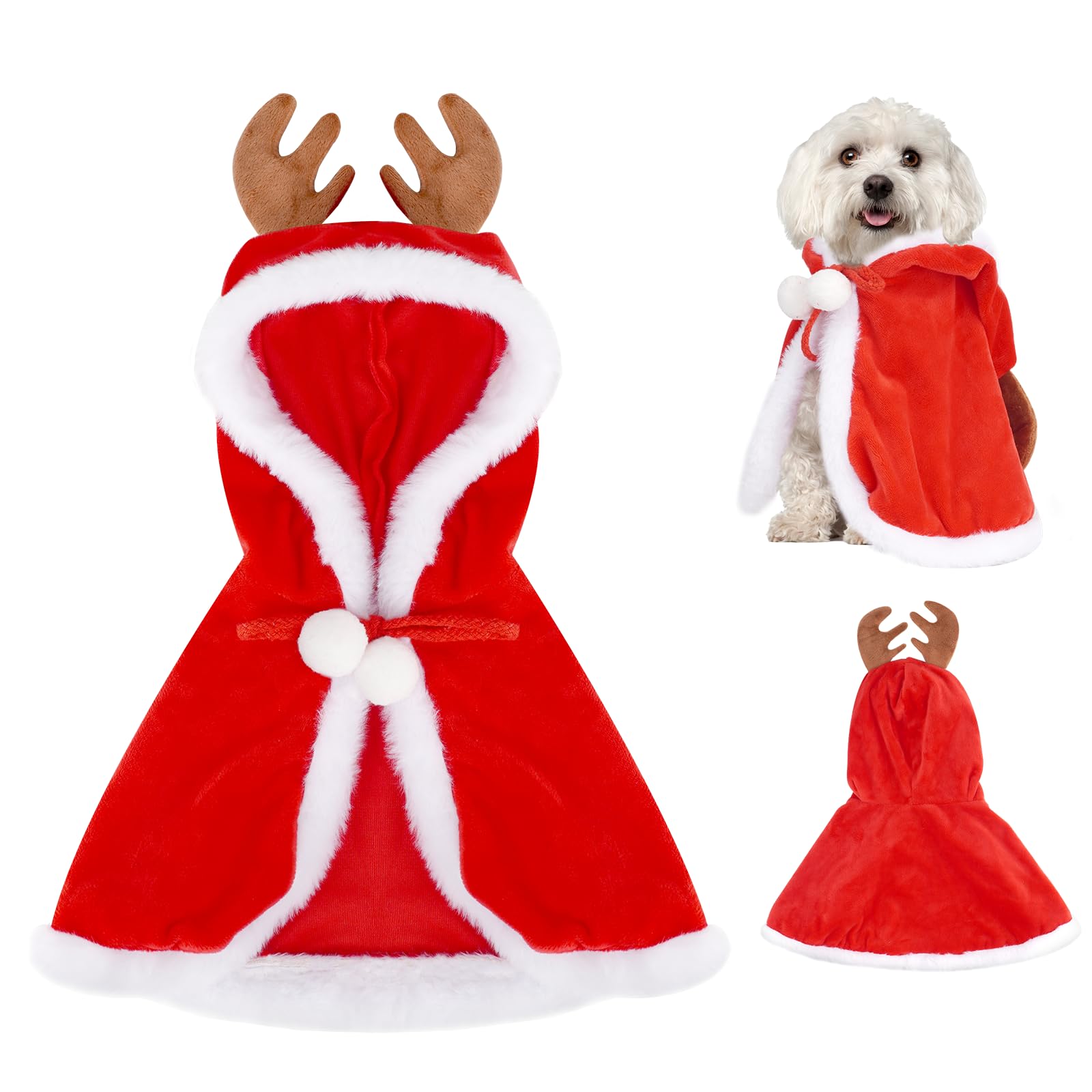 Dog Christmas Cape Velvet, Pet Santa Costume with Elk Antlers Hat Santa Claus Reindeer Outfit Puppy Xmas Hoodie Cloak Dog Clothes for Small Dogs Cat