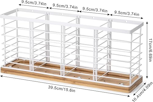 Miniatura 2 de Lonian Soporte grande para utensilios de cocina con base de bambú, 4 compartimentos, organizador de utensilios de cocina de metal para encimera de