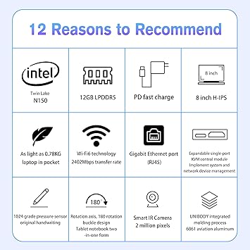 8 inch Mini Laptop N150 Touchscreen Notebook Tablet 2 in 1 Handheld Computer Portable Small Pocket PC Win-11 Pro, 12GB RAM 1TB SSD, Gigabit/Wi-Fi 6/BT5.2/2MP Camera/G-Sensor/HDMI/PD 30W Charging