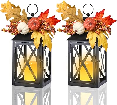 Bdor Fall Lanterns LED Candles 2 Pack 12 Inch Thanksgiving Decor Timer