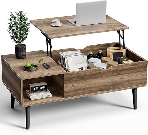 Miniatura 11 de OLIXIS Mesa de Centro de Café de Madera con Tapa Elevable con Compartimento Oculto y Estante de Almacenamiento Grande, Mesa de Comedor Central