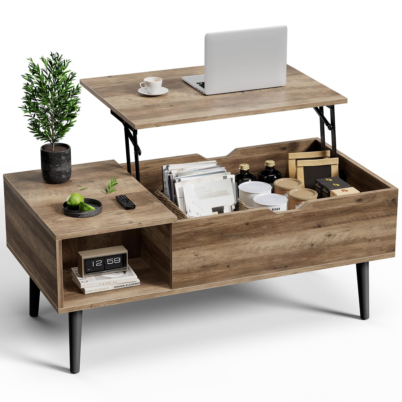 OLIXIS Wooden Coffee Table, Lift Top Coffee Table with Large Hidden Compartment and Ample Storage Shelf, Lift Tabletop Dining Table for Living Room, Home Small Space, Grey-image-41