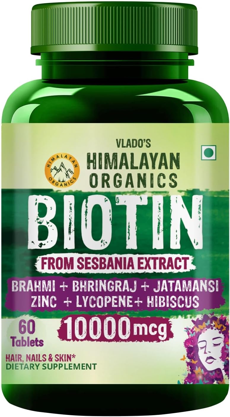 Vlado’s Himalayan Organics Biotin 10000mcg Supplement for Hair Growth, Strong Hair and Glowing Skin, Nail I With Brahmi, Jatamansi, Bhringraj, Hibiscus, Lycopene, Bamoo Extract & Vitamin C with Zinc I Biotin Supplement For Men & Women - 60 Veg Tablets