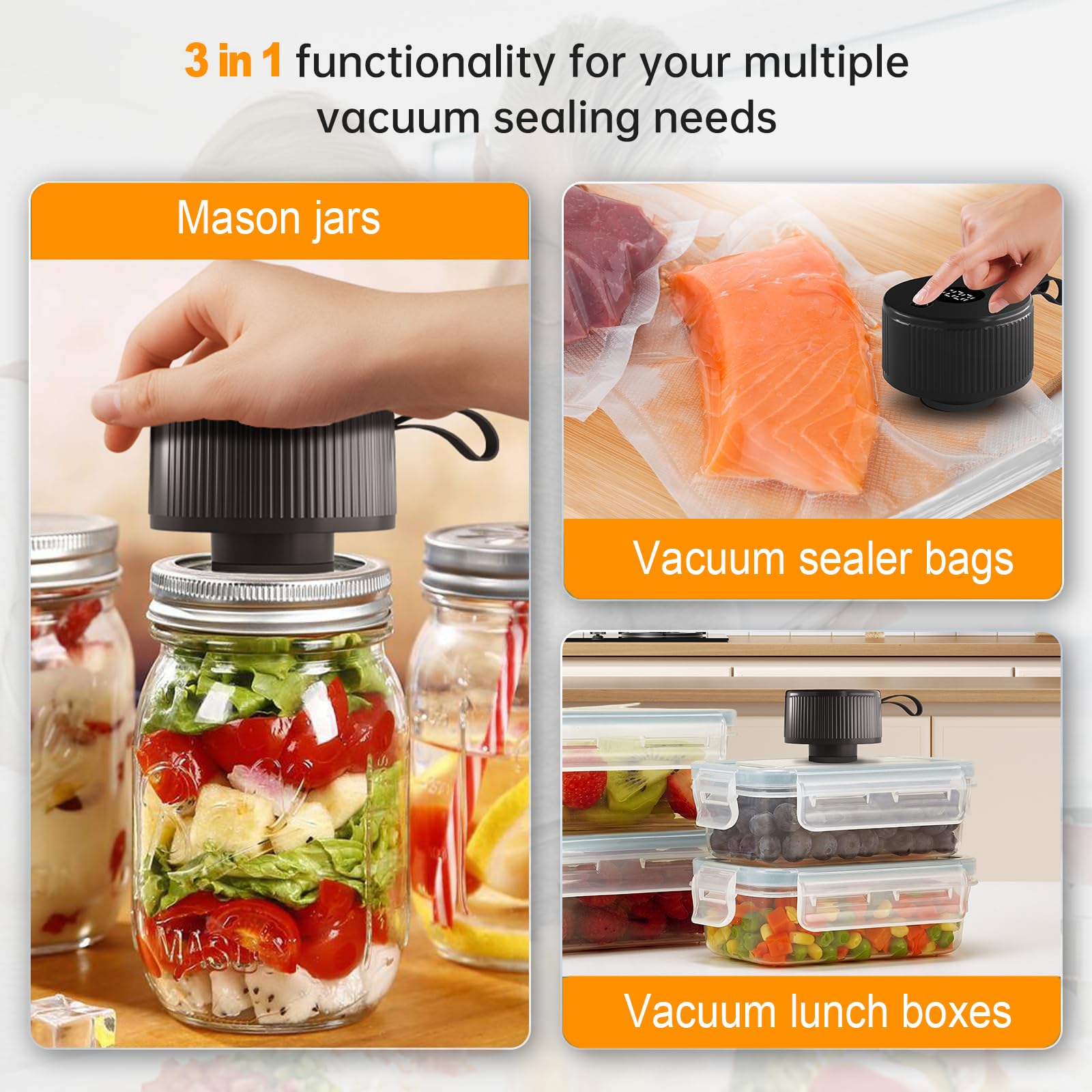 Vakuumierer für Gläser, 3-in-1 Vacuum Sealer für Einmachgläser mit Automatik-Stopp, Vakuumiergerät mit 2 Vakuumierbeuteln, 20 Deckeln und Dosenöffner, Wiederaufladbar, Schwarz