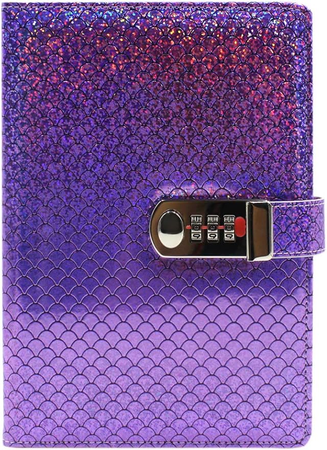 A5 Holographic Mermaid Password Notebook with Combination Lock, PU Travel Journal Diary Writing Planner Notepad, 80 Sheets/160 Pages, Purple, Lined Paper