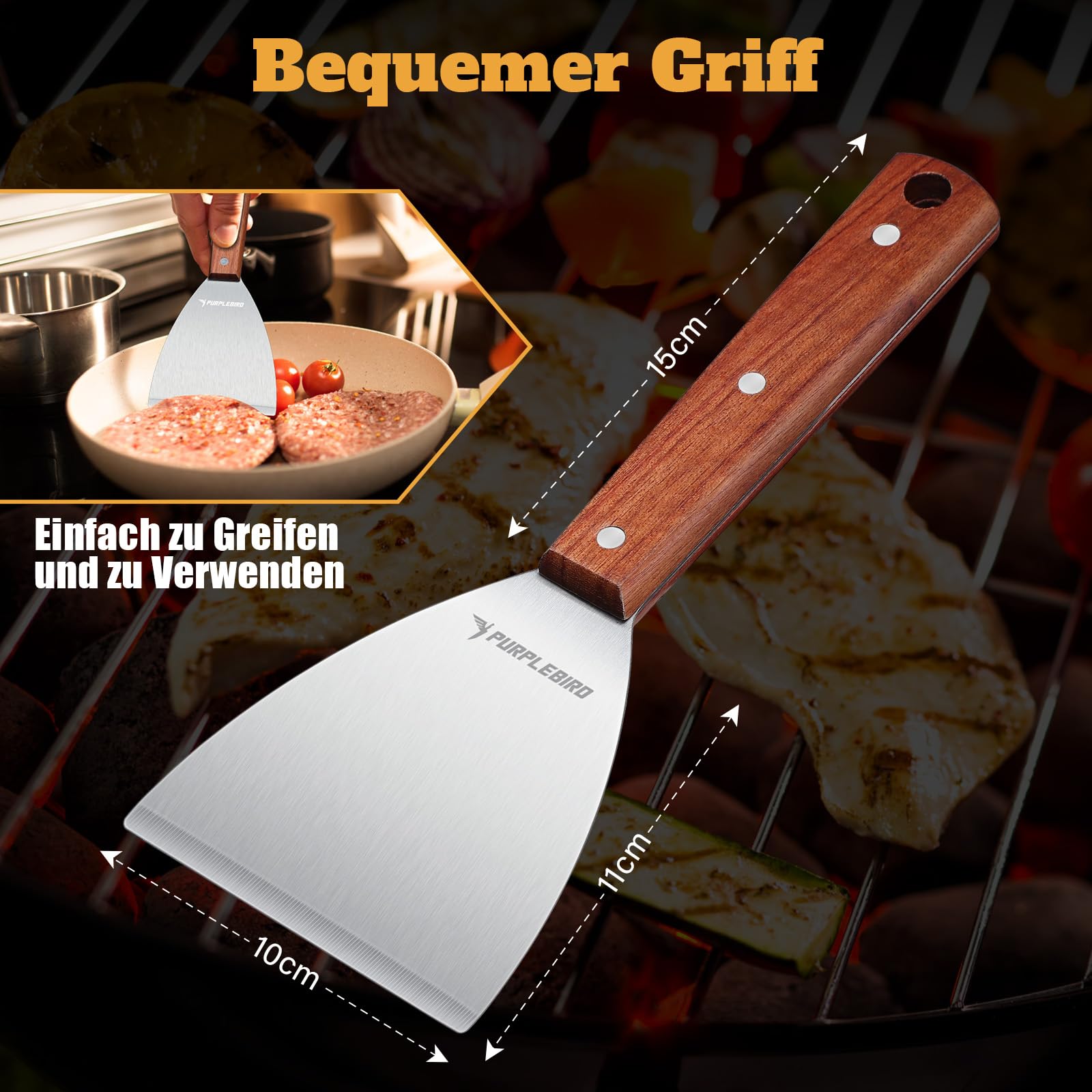 PURPLEBIRD Juego de Espátulas para Parrilla de Acero Inoxidable, Juego de Espátulas para Plancha con Espátula Grande para Parrilla para Aplastar Hamburguesas, Regalos para Parrilla para Hombres