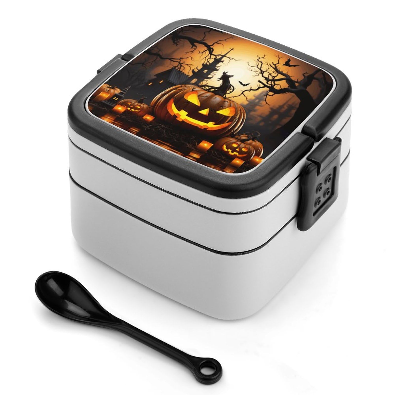 JTREHY Reusable Leakproof Bento Box,Halloween Pumpkin Printed 2 Layer Stackable Lunch Box with Spoon Portable Large Lunch Box for Dining Out, Work, Picnic, Travel