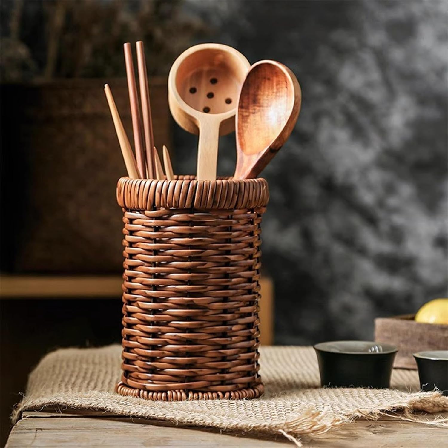 Utensil Holder Retro Imitation Rattan Weave Utensils Holder, Round Hand Woven Utensils Organizer for Kitchen Countertop Cutlery Holder Spoon and Chopstick Holder Cutlery Holder
