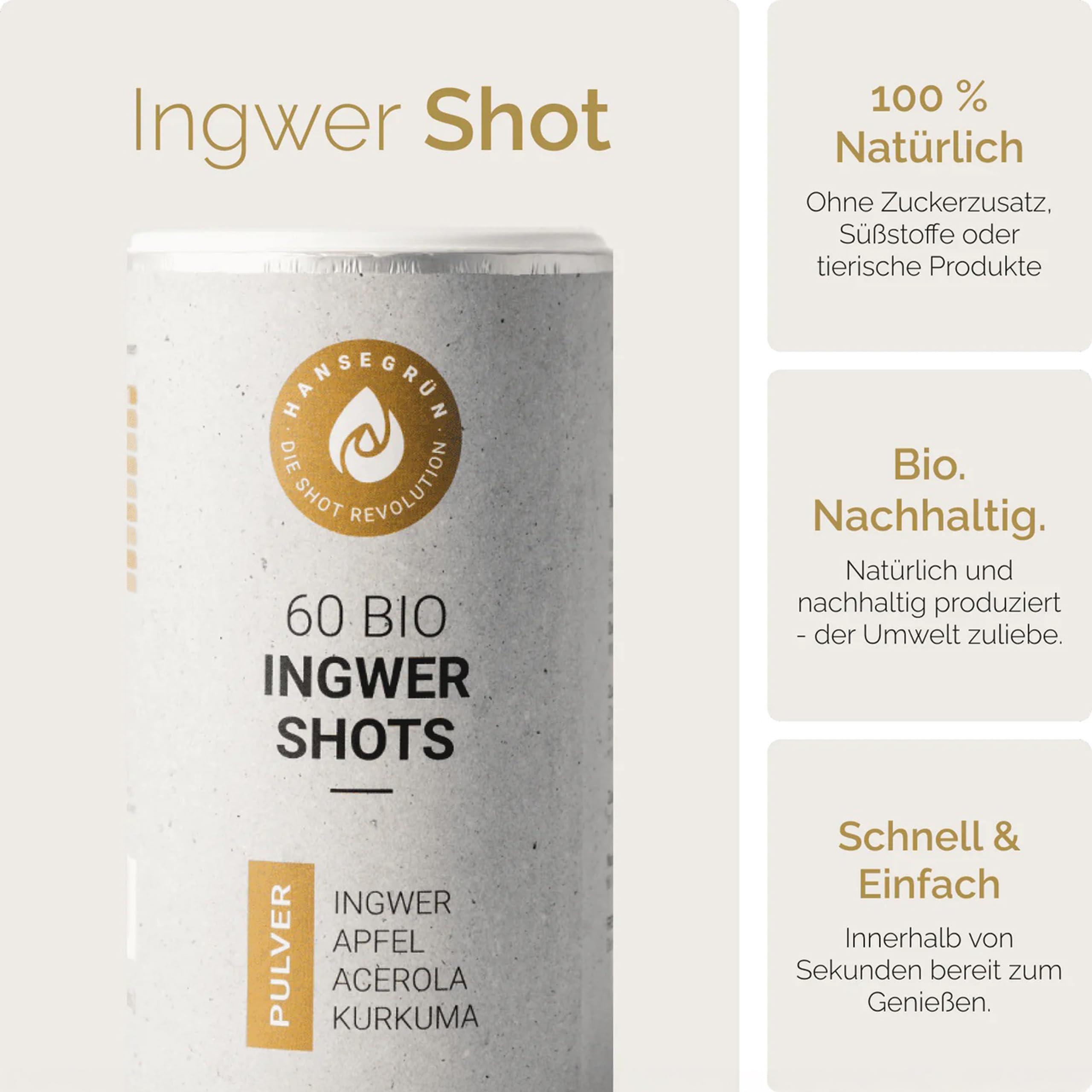 Hansegrün - Bio Ingwer Kurkuma Shots (60 Stk.) - Veganes Superfood-Pulver für Immungsystem¹ & Energiestoffwechsel² - Kurkuma, Zitronenschale & Acerola - 100% echte Zutaten zur täglichen Zubereitung