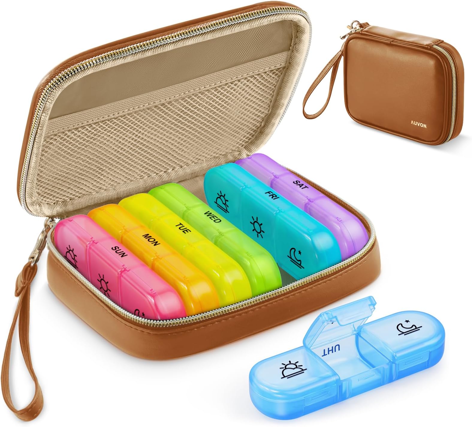 AUVON Weekly Pill Organizer 3 Times a Day with A PU Leather Bag