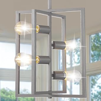 WJShome Dining Room Chandelier, 4-Light Kitchen Island Lighting, Industrial Foyer Lighting Fixtures, Farmhouse Silver Hanging Pendant Lights, for Entryway, Bedroom, Staircase, Hallway