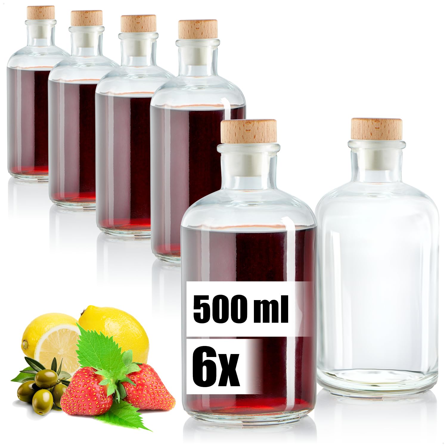 Wilhelm Sell Transparent, Brown Wilhelm Sell® 6X Glass Bottles 500 Ml With Cork, Empty Containers For Filling With Liquids Such As Oil, Vinegar Or Spirits
