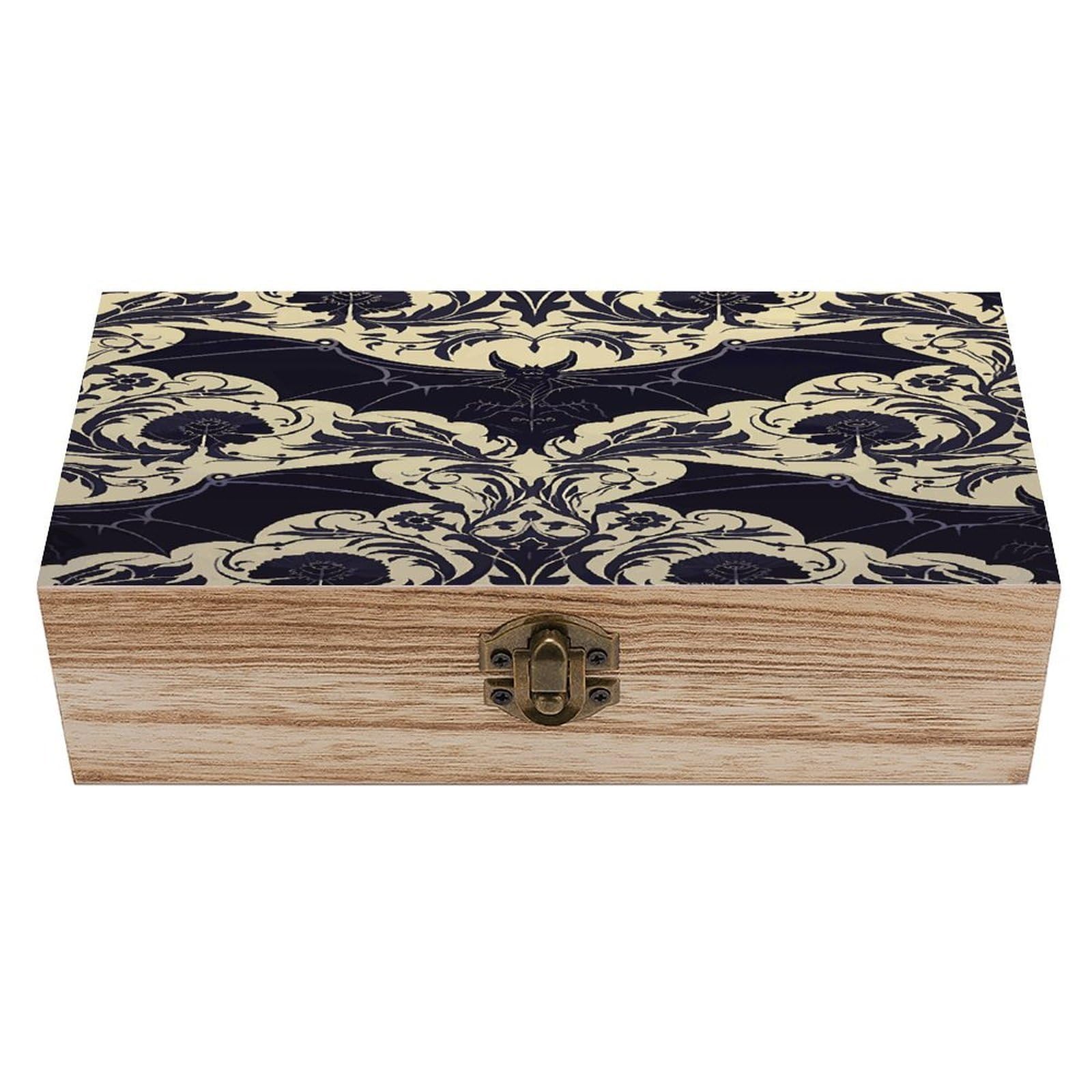 FekiLoot Bat Pattern Wooden Box with Hinged Lid Vintage Storage Box Beautifully Wood Keepsake Boxes Jewellery Organiser & Trinket Holder Unique Gift Ideas for Men & Women