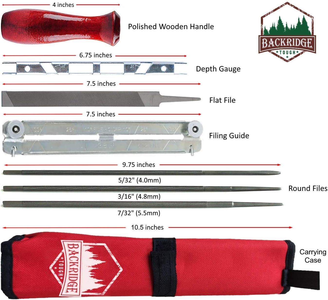 Chainsaw Sharpener File Kit – Flat, 5/32, 3/16, 7/32 Inch Round Files, Raker Tooth Depth Gauge, Blade Filing Guide, Wood Handle & Tool Pouch – Used to Sharpen Chain Saw Teeth - 8 Piece Sharpening Set