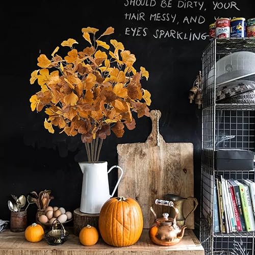 Miniatura 10 de 6 piezas de hojas de ginkgo artificiales de otoño, tallos de hojas de otoño, tallos de hojas de otoño en aerosol para jarrones, centros de mesa para