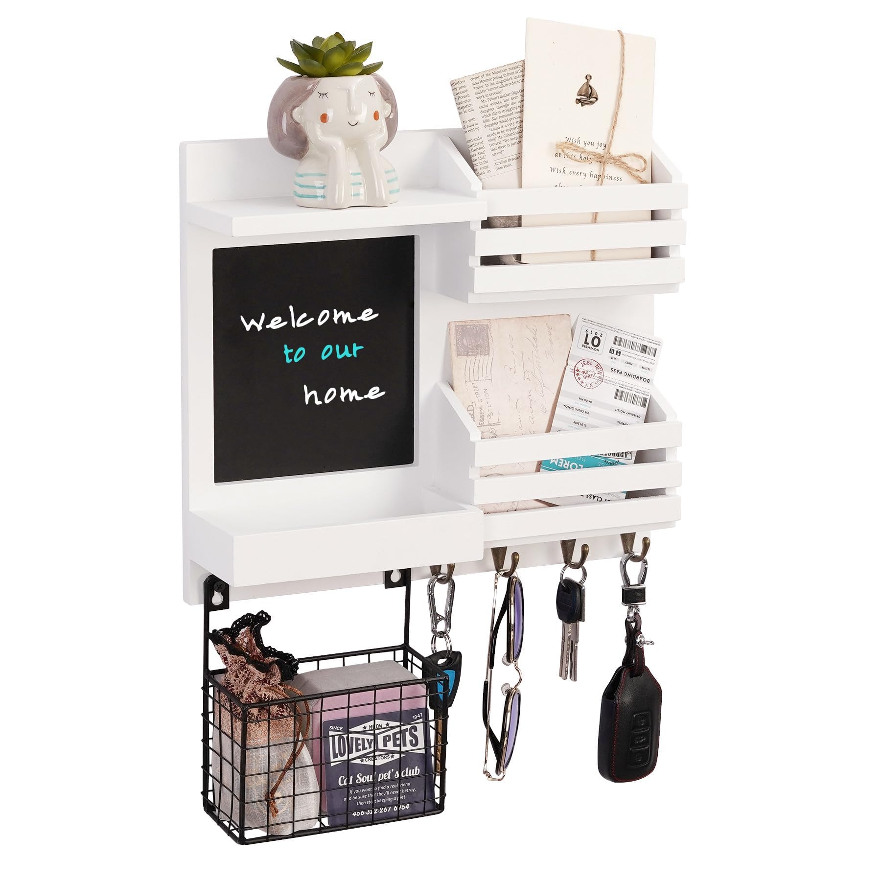 Organizer Da Parete WPAJIRZO - Portachiavi, Portalettere, Lavagnetta E Ripiano, Legno Bianco - Foto 6