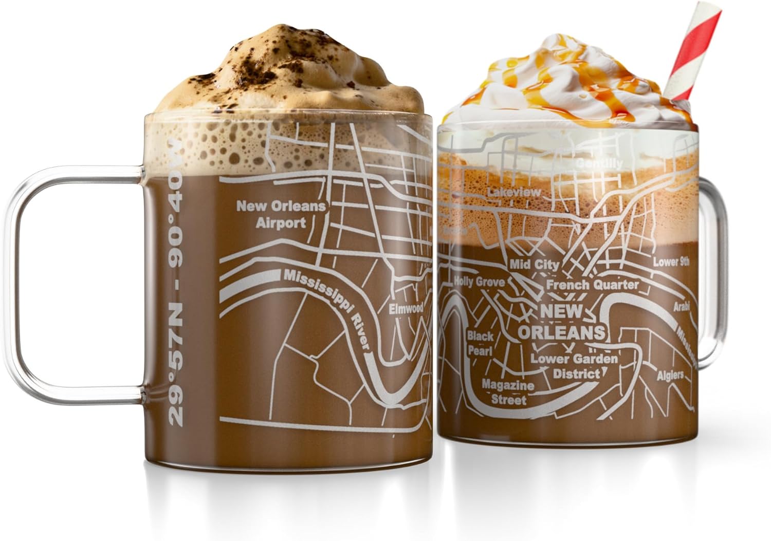 Greenline Goods – New Orleans, LA Map Glass Coffee Mugs (Set of 2), 16 oz – Etched Wrap Design
