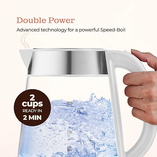 Miniatura 4 de Speed-Boil - Hervidor eléctrico para agua de 1.7 L y 1500 W, hervidor de café y té de vidrio de borosilicato, apagado automático, base desmontable,