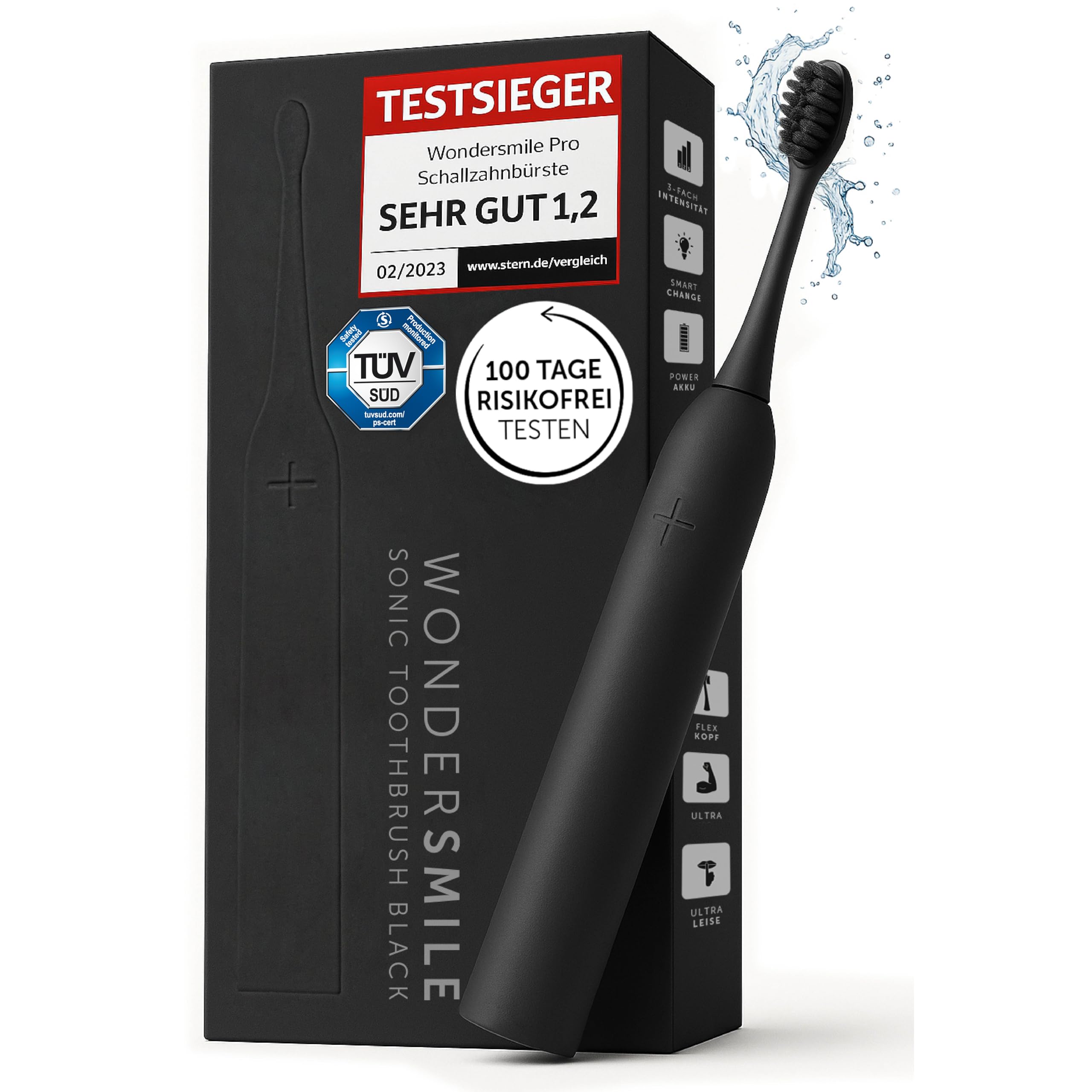 Wondersmile Schallzahnbürste PRO - Testsieger 2025-100 Tage risikofrei testen - TÜV-geprüft - Elektrische Zahnbürste 4 Programme - 60 Tage Power Batterie mit Smart-Bürstenkopf (Ultimate Black)