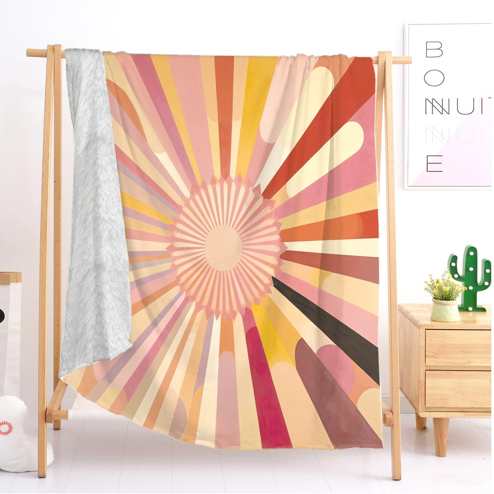 Lekki antystatyczny koc wełniany XXL 180 x 220 cm abstrakcyjne linie słońce super miękki flanelowy koc jasny kolor na łóżko sofa biuro ochraniacz na kolana łóżko samochód kemping plaża