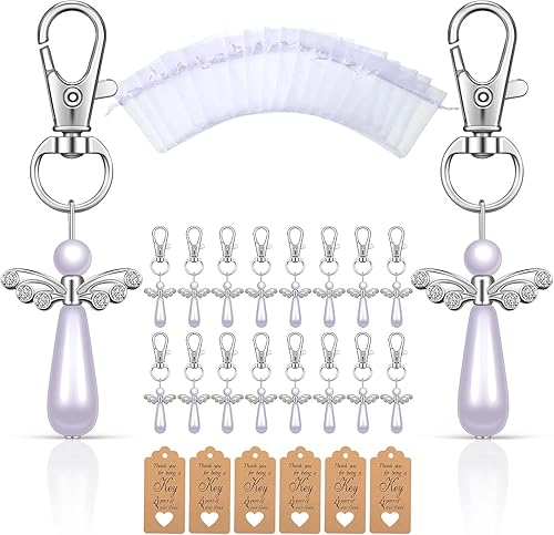 48 juegos de llaveros de ángel a granel con bolsas de organza blanca y etiquetas Kraft de agradecimiento para fiesta de boda