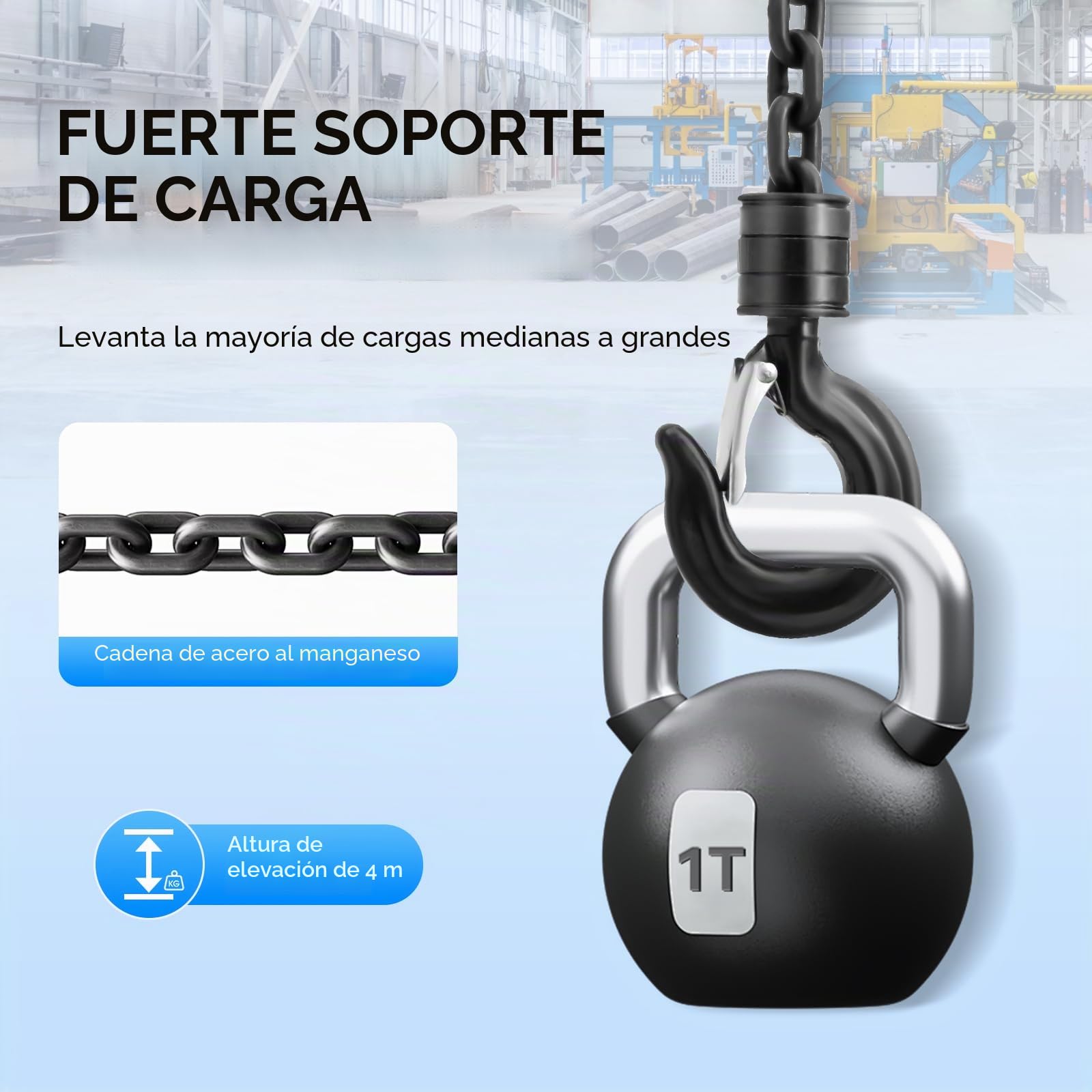 Polipasto manual de 1000 kg, 1 T con cadena de 4 m de G80 de acero al manganeso, polipasto de cadena de acero aleado, elevador de cargas con freno de seguridad, polea para taller, obra y almacén