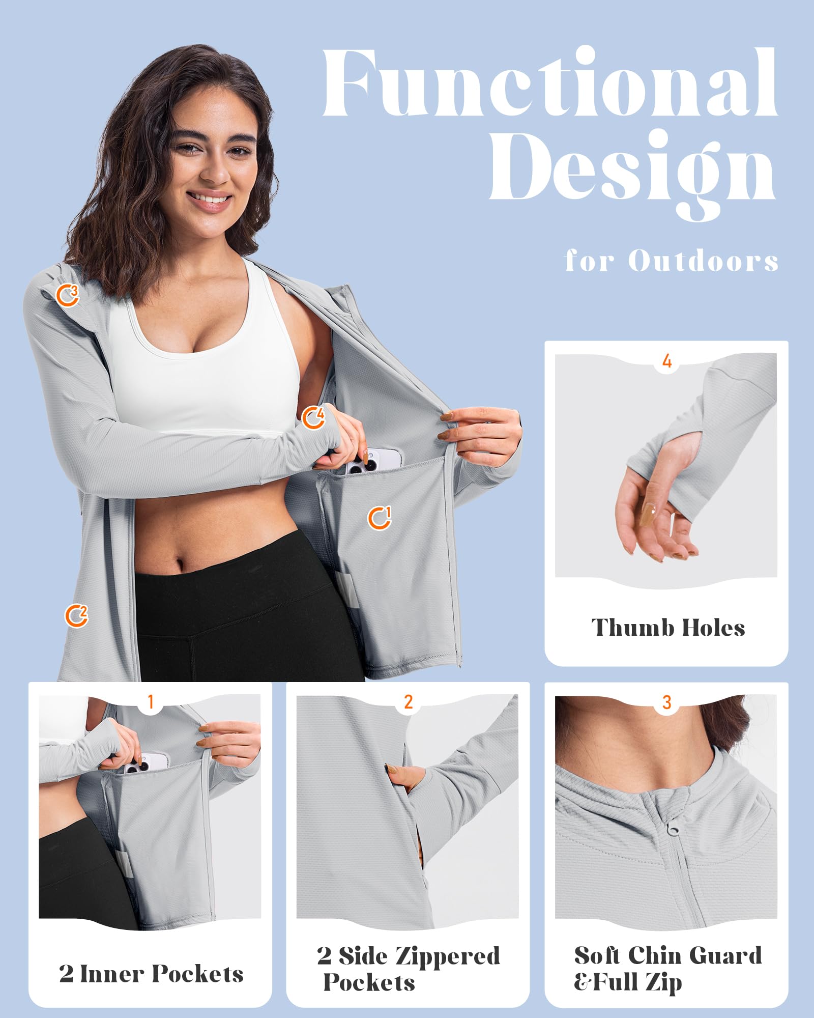 33,000ft Damen Leichte Laufjacke Sportjacke UPF 50+ Hoodie Full Zip Trainingsjacke mit Daumenloch Atmungsaktive Sweatjacke mit 4 Taschen für Laufen Fitness